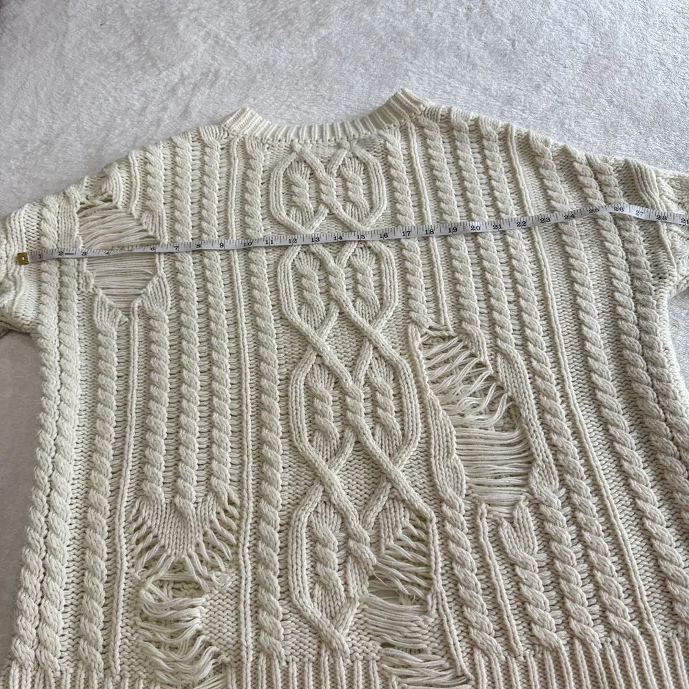 Revolve JOA Distressed Cable Knit Sweater Womens S Cream Oversized Pullover Edgy